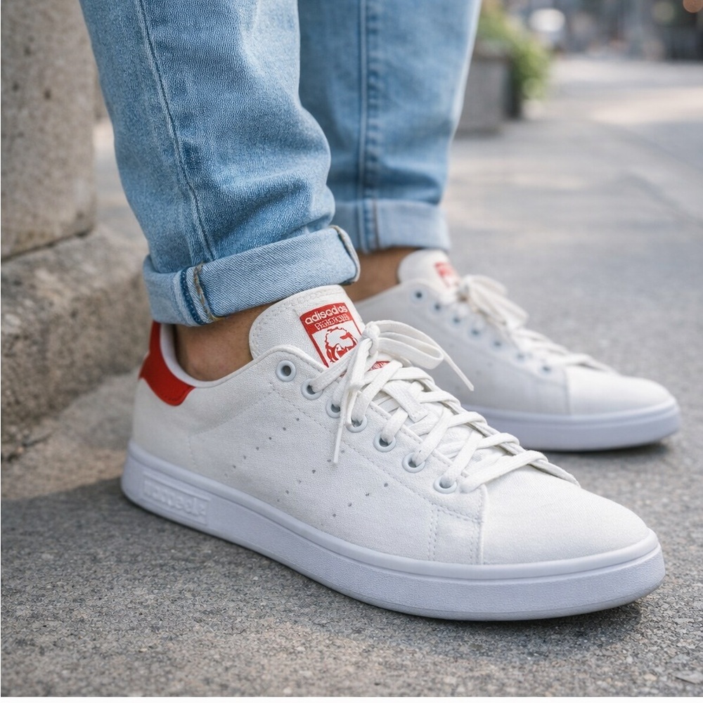 Adidas Stan Smith White Red Canvas Sneakers Sz 12.5 Primegreen Classic Clean